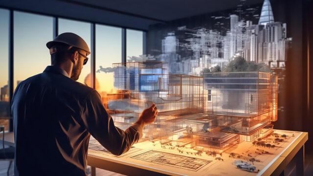 چطور هوش مصنوعی و دادهمحور آینده طراحی معماری را متحول میکند؟ - Architect using VR glasses to work on a project with advanced 3D technologies چطور هوش مصنوعی و دادهمحور آینده طراحی معماری را متحول میکند؟